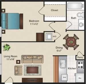A1 One Bedroom / One Bath - 558 Sq. Ft.*