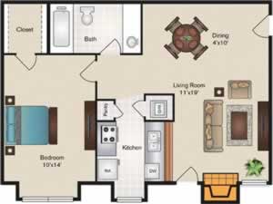 A3 One Bedroom / One Bath - 630 Sq. Ft.*