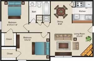 B1 Two Bedroom / Two Bath - 750 Sq. Ft.*
