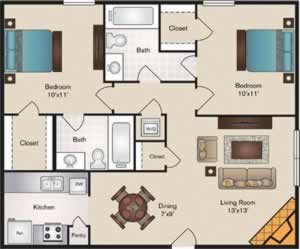 B2 Two Bedroom / Two Bath - 800 Sq. Ft.*